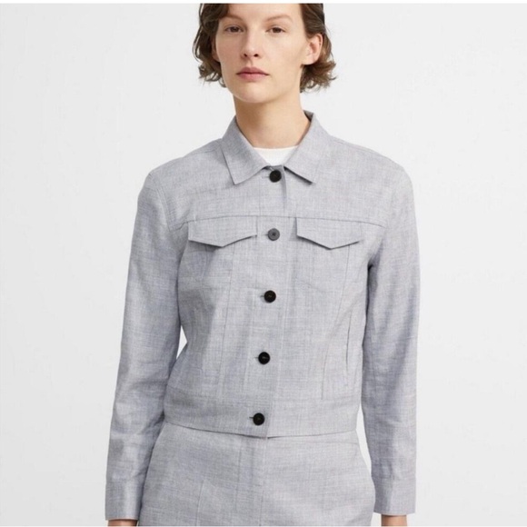 THEORY Melange Linen Eco Denim Sharkskin Gray Blazer Button Down Jacket Top
